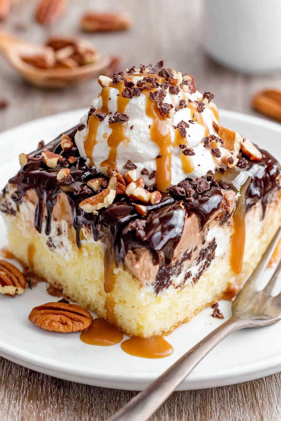 A slice of Turtle Poke Cake with caramel drizzle.