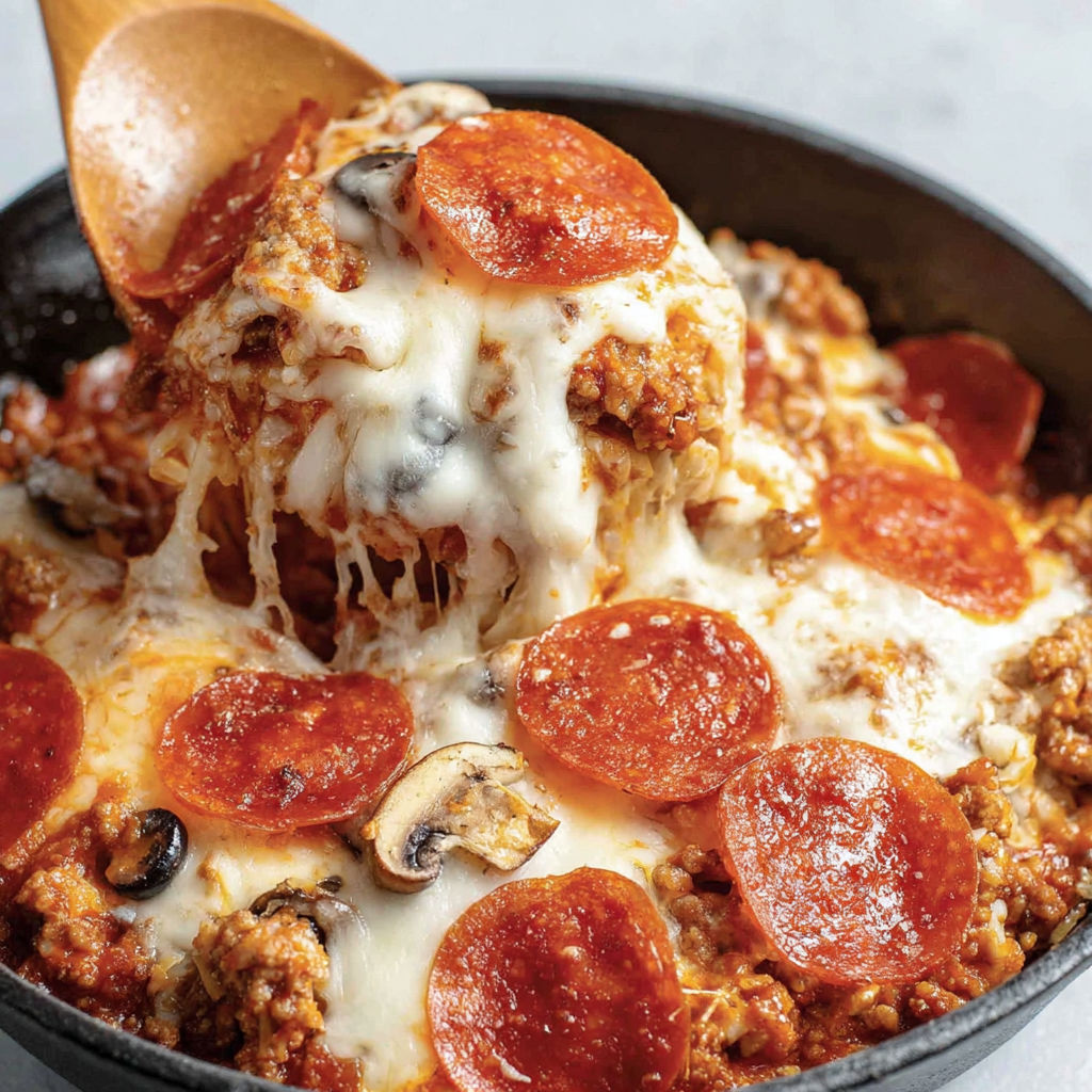 A bowl of crustless pizza with pepperoni and mushrooms.