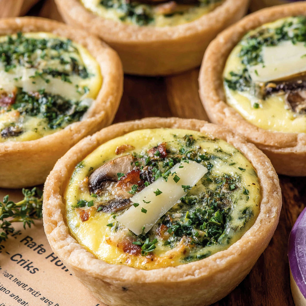Four mini quiches with mushrooms and cheese.