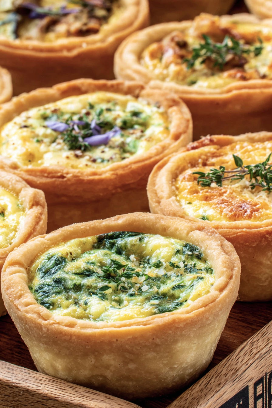 A variety of mini quiches with different toppings.