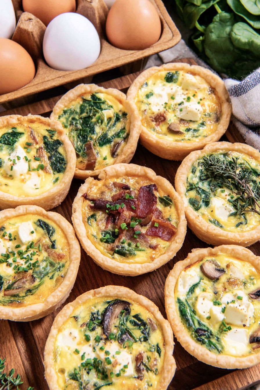 A variety of mini quiches with different toppings.