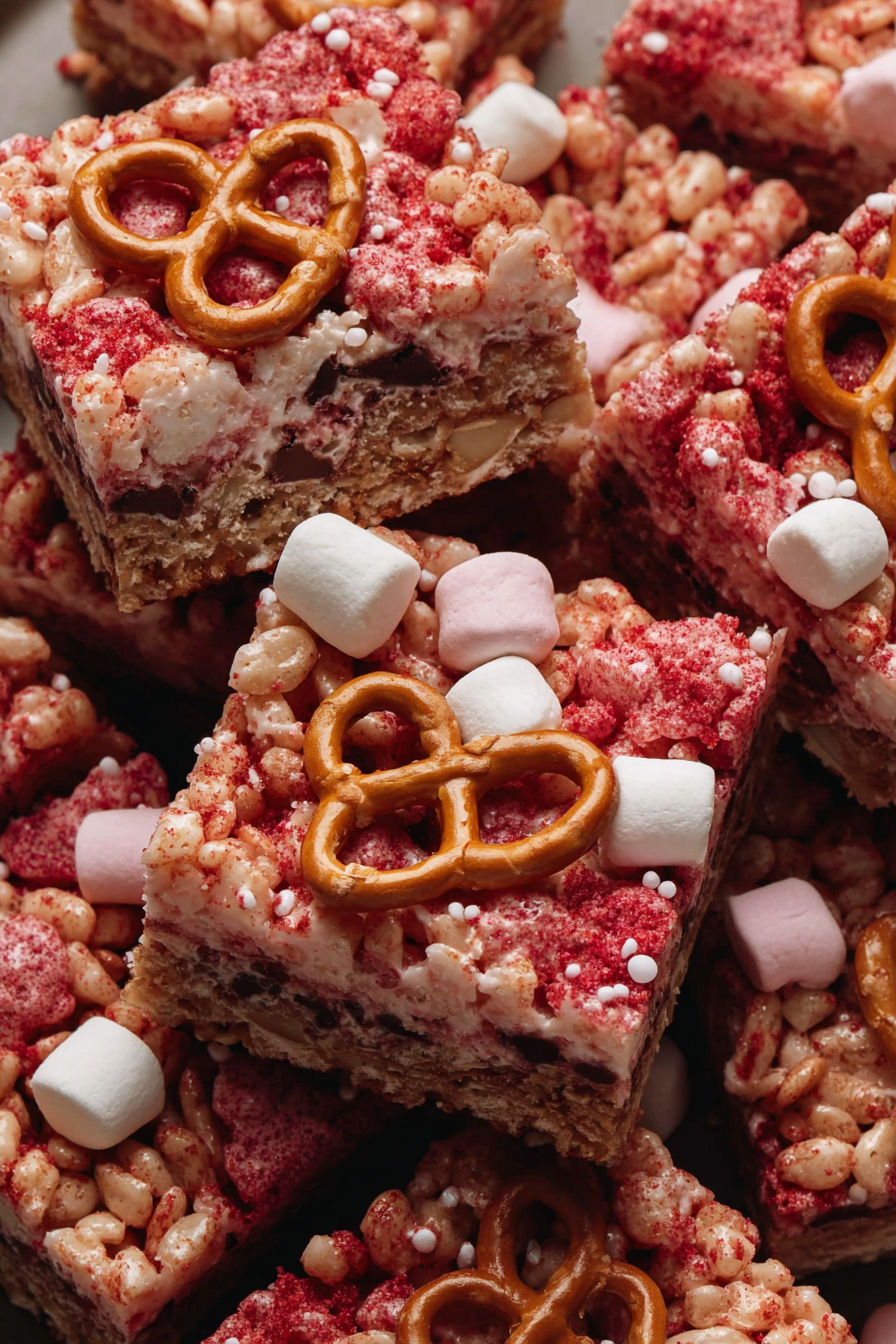 A close up of a strawberry pretzel marshmallow treat.