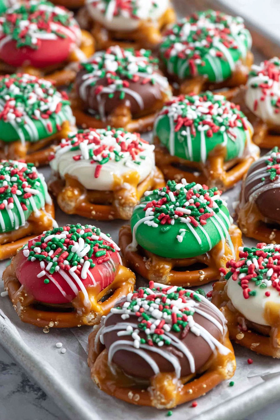 A tray of Christmas caramel pretzel bites.