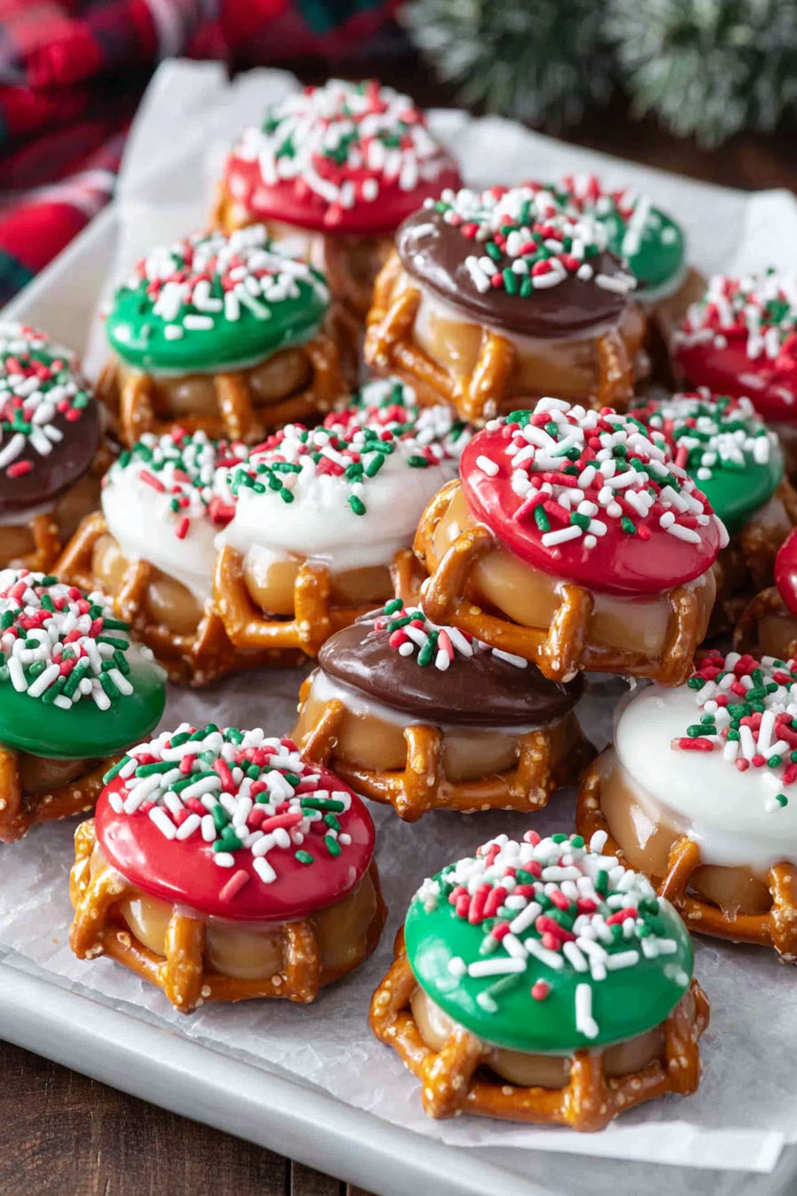 A plate of Christmas caramel pretzel bites.