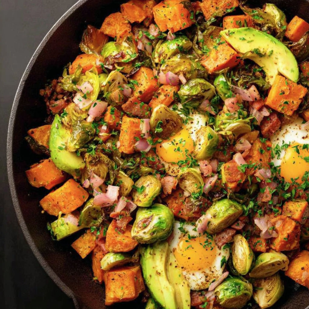 A dish of vegetables including sweet potatoes, brussel sprouts, and avocado.