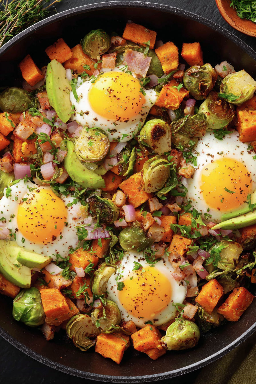 A dish of eggs and vegetables.