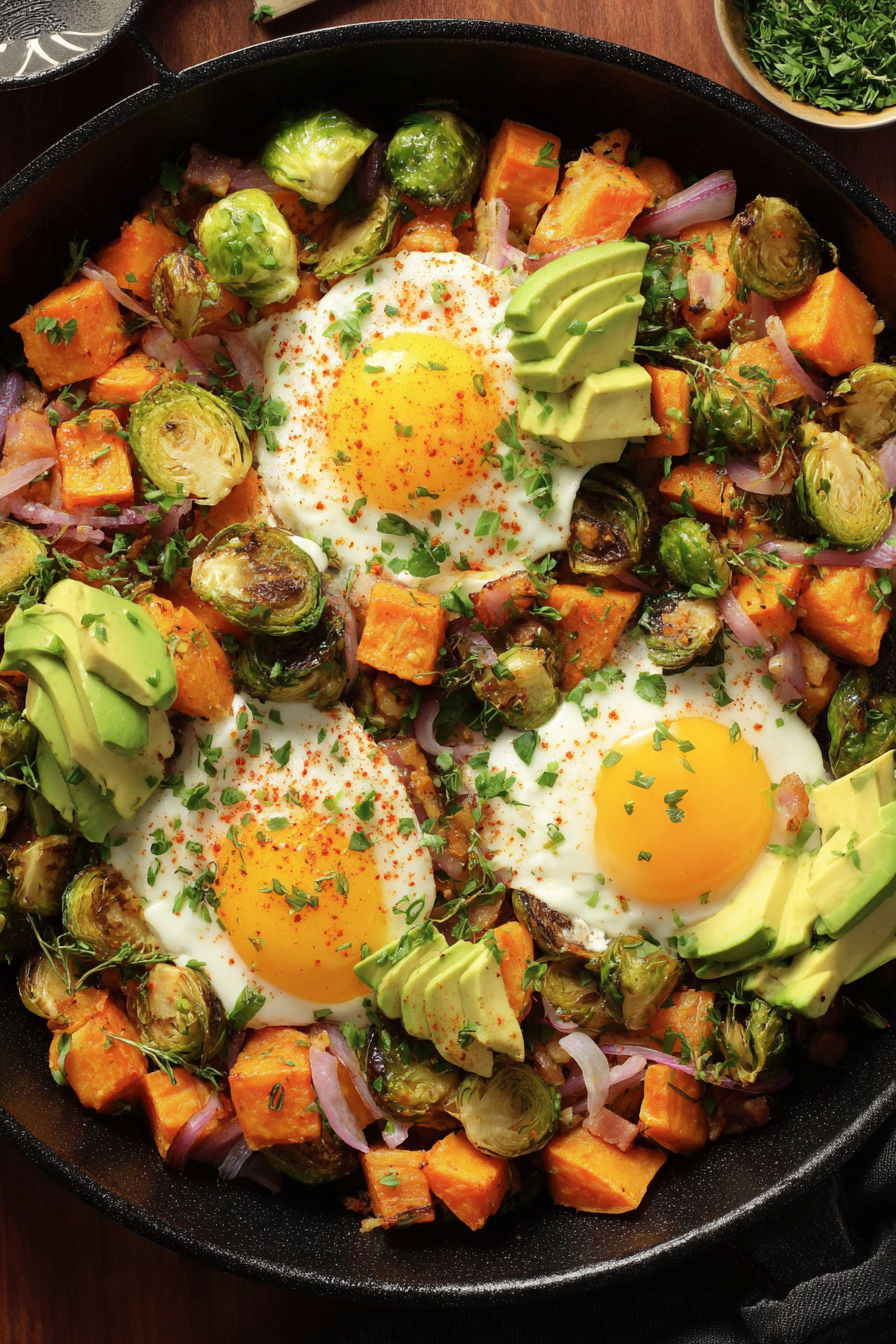 A dish of vegetables including sweet potatoes, brussel sprouts, and avocado.