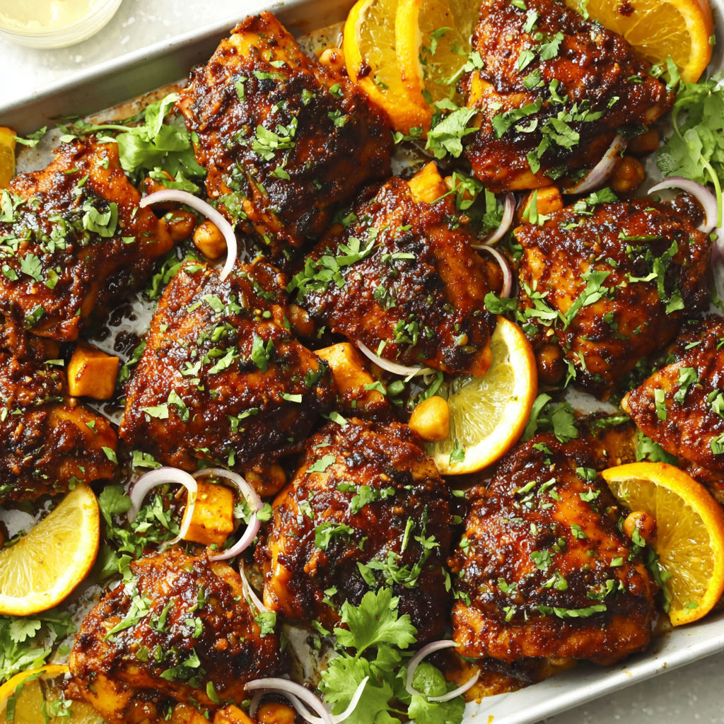 A pan of chicken with orange slices and herbs.