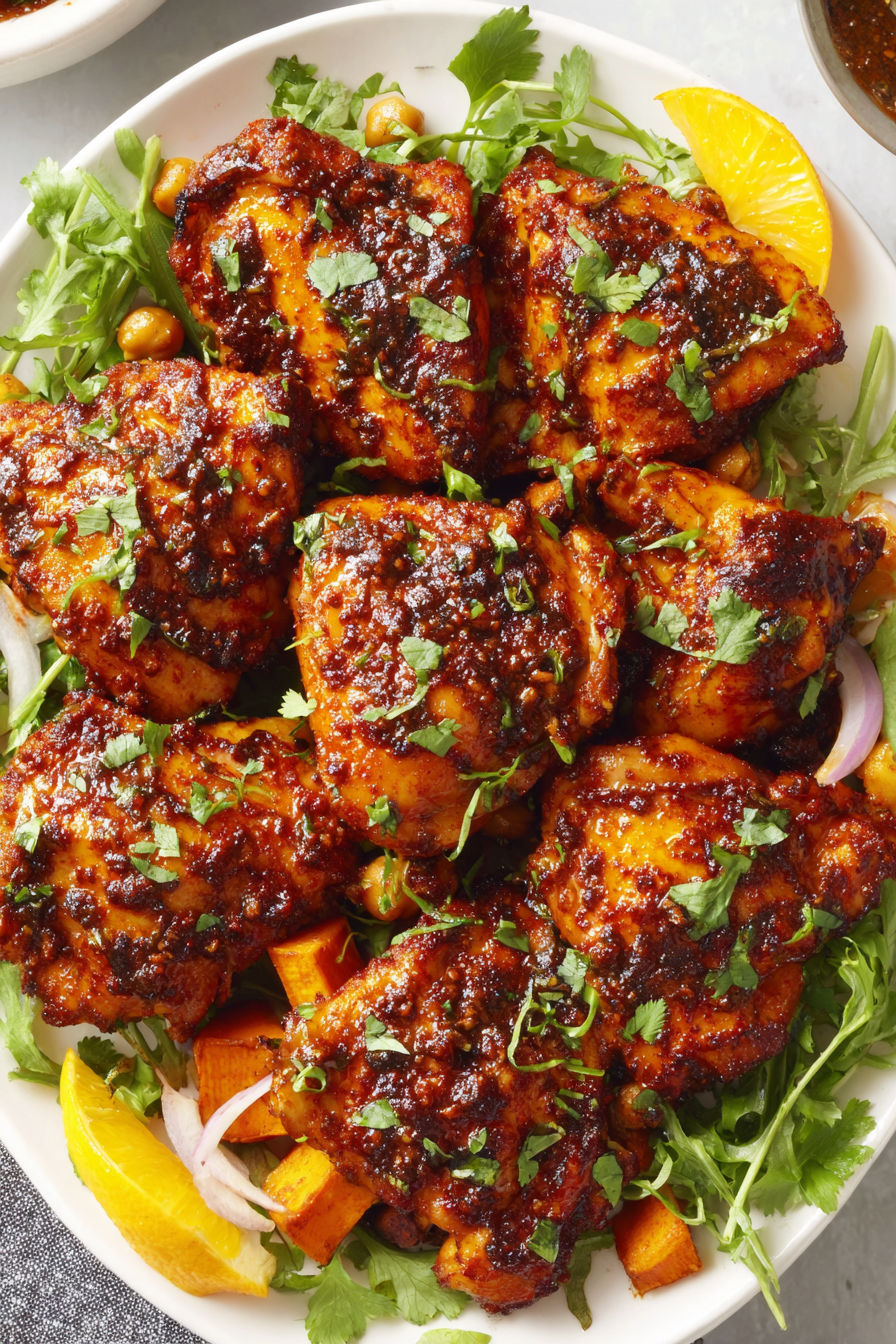 A plate of chicken with orange sauce and herbs.