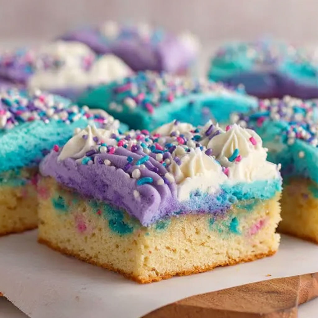 A cake with purple and blue frosting.