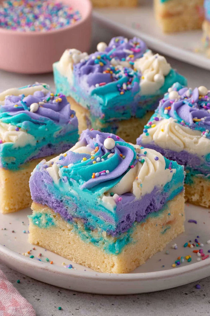 A plate of Funfetti Cake Mix Unicorn Bars Recipe.