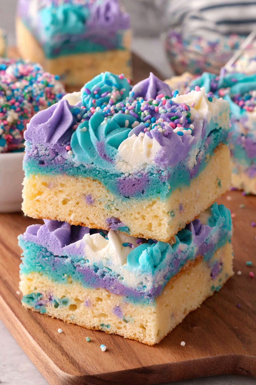 A slice of cake with purple and blue frosting.