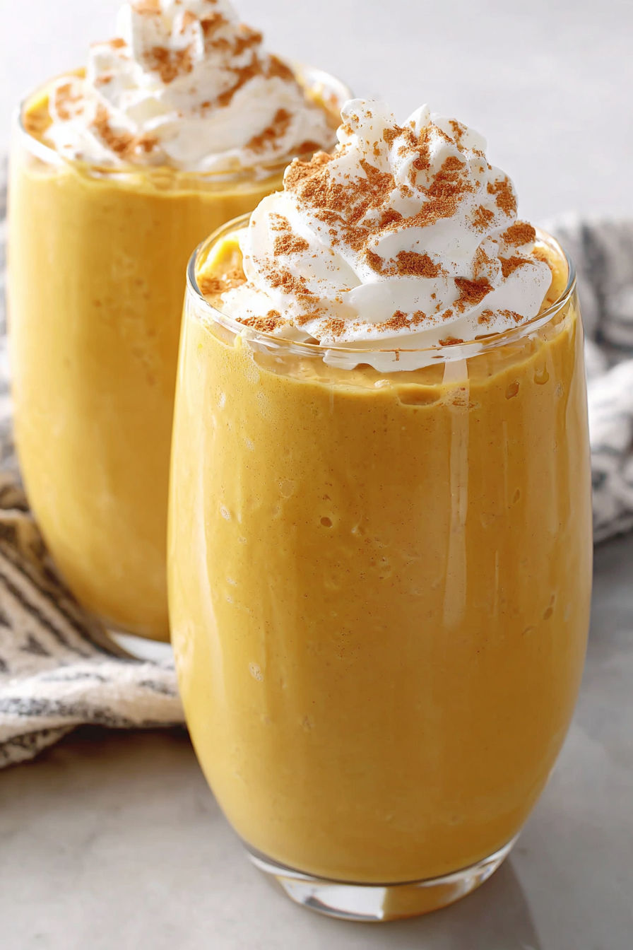 Two glasses of pumpkin smoothie with whipped cream on top.