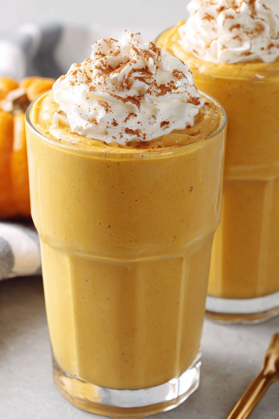 A glass of pumpkin smoothie with whipped cream on top.