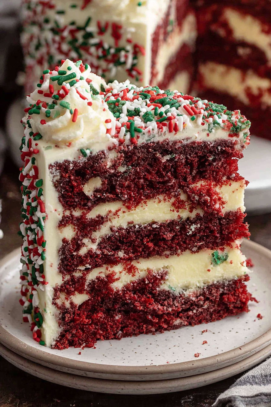 A slice of red velvet cheesecake cake.