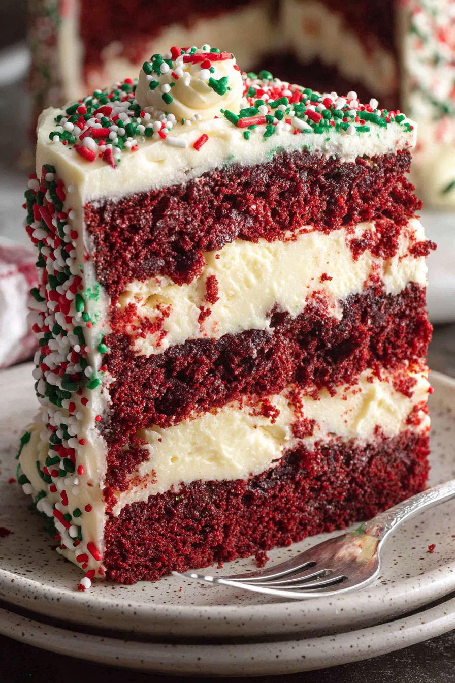 A slice of red velvet cheesecake cake.