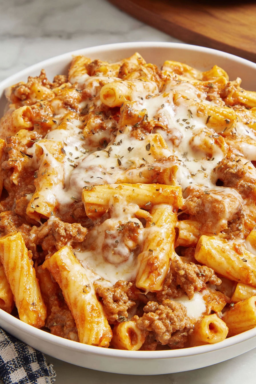 A bowl of baked ziti with meat and cheese.