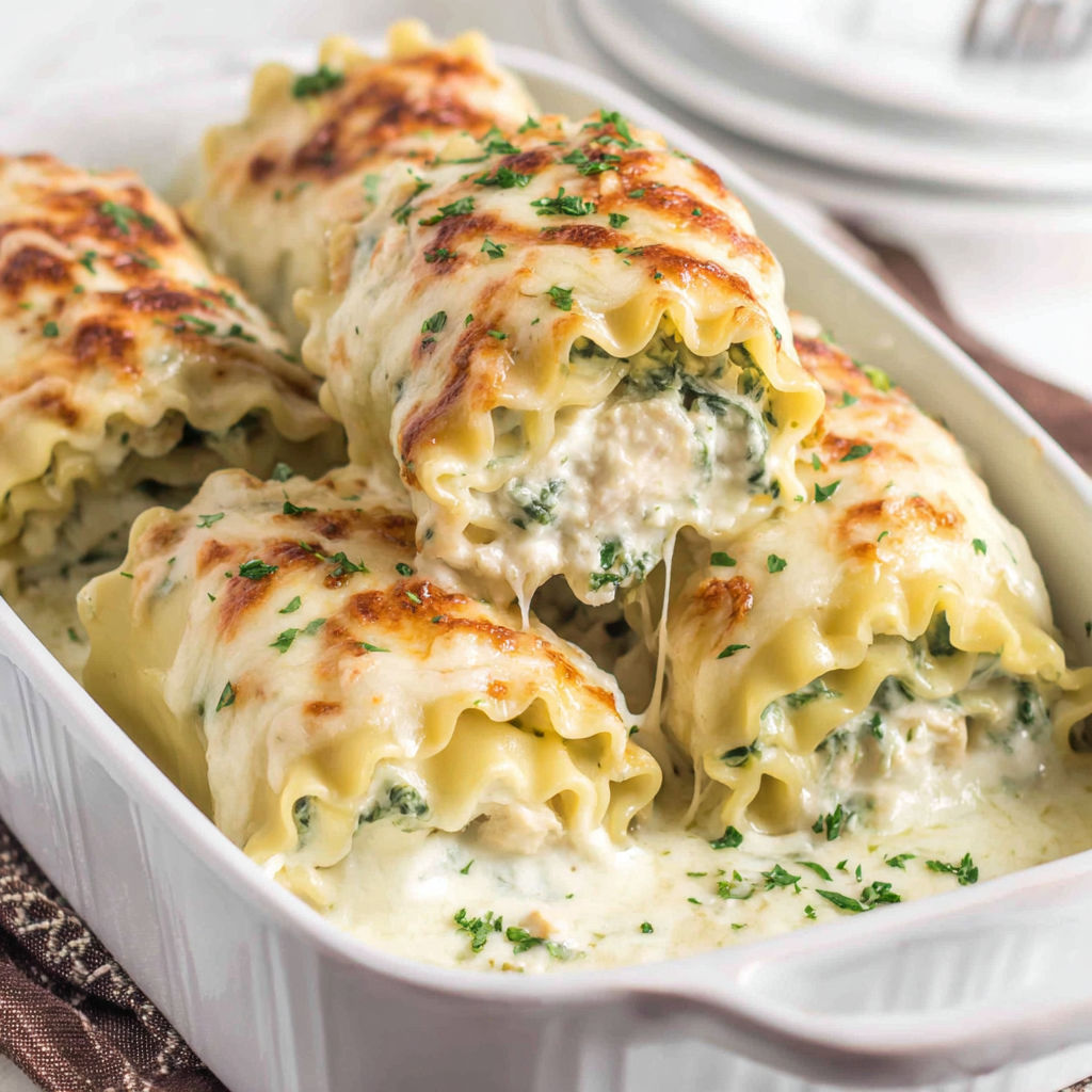 A dish of chicken Alfredo lasagna roll ups.