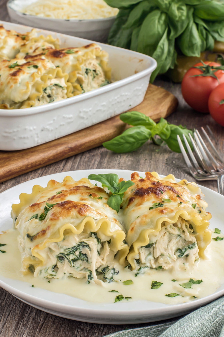 A plate of chicken Alfredo lasagna roll ups.