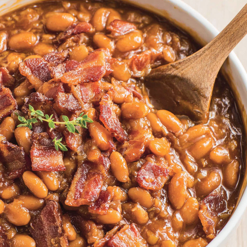 A bowl of baked beans with bacon and a green herb.