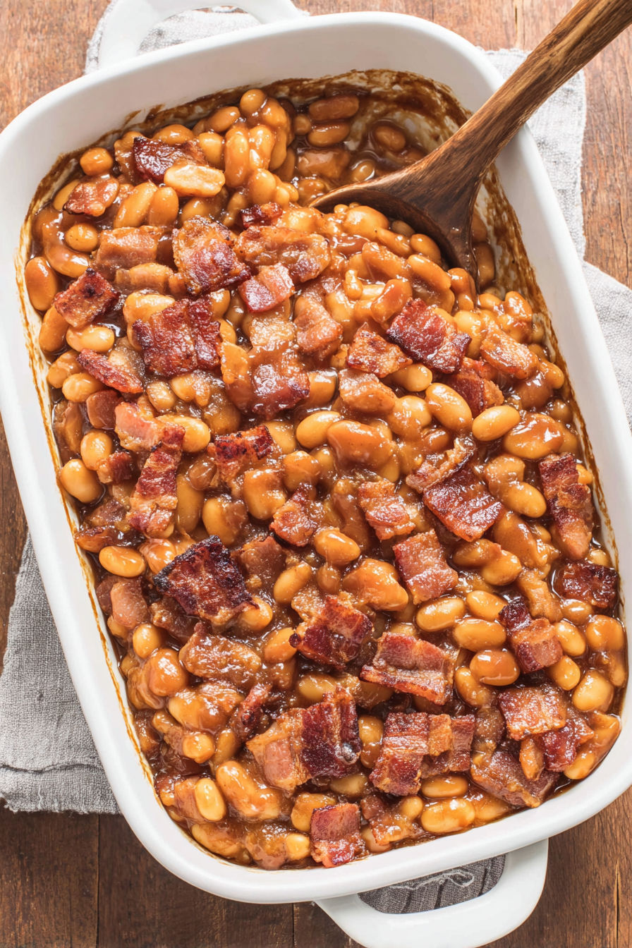 A dish of baked beans with bacon.