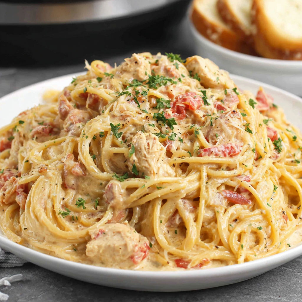A plate of spaghetti with chicken and tomatoes.