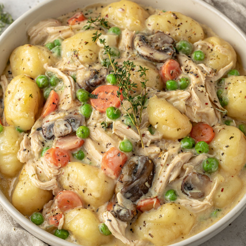 A bowl of gnocchi chicken pot pie.