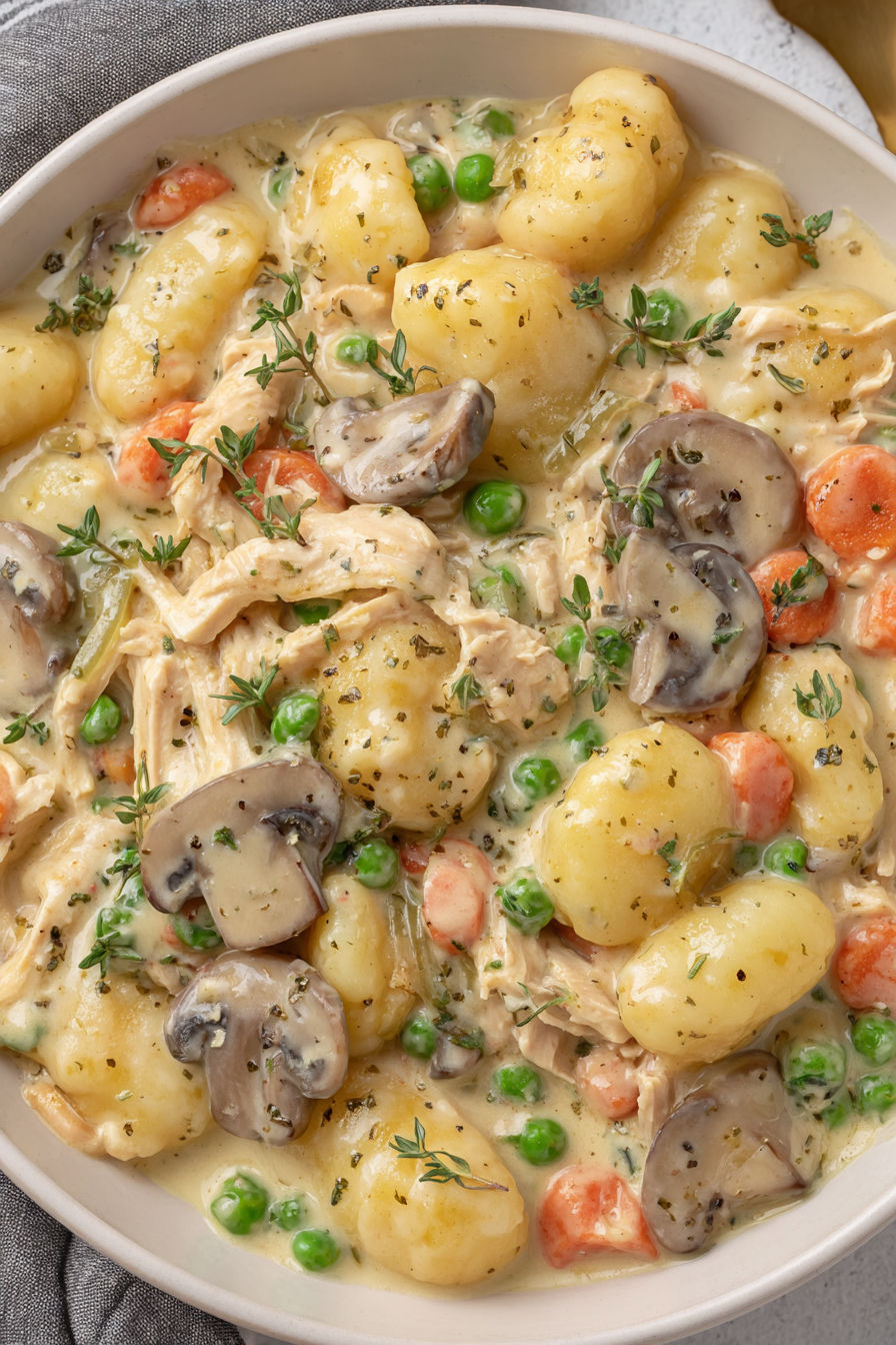 A bowl of gnocchi chicken pot pie.