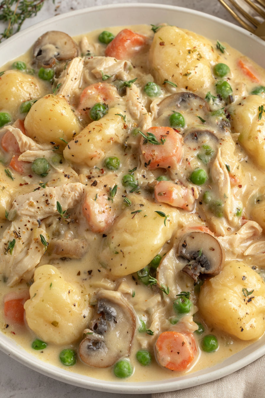 A dish of gnocchi chicken pot pie.