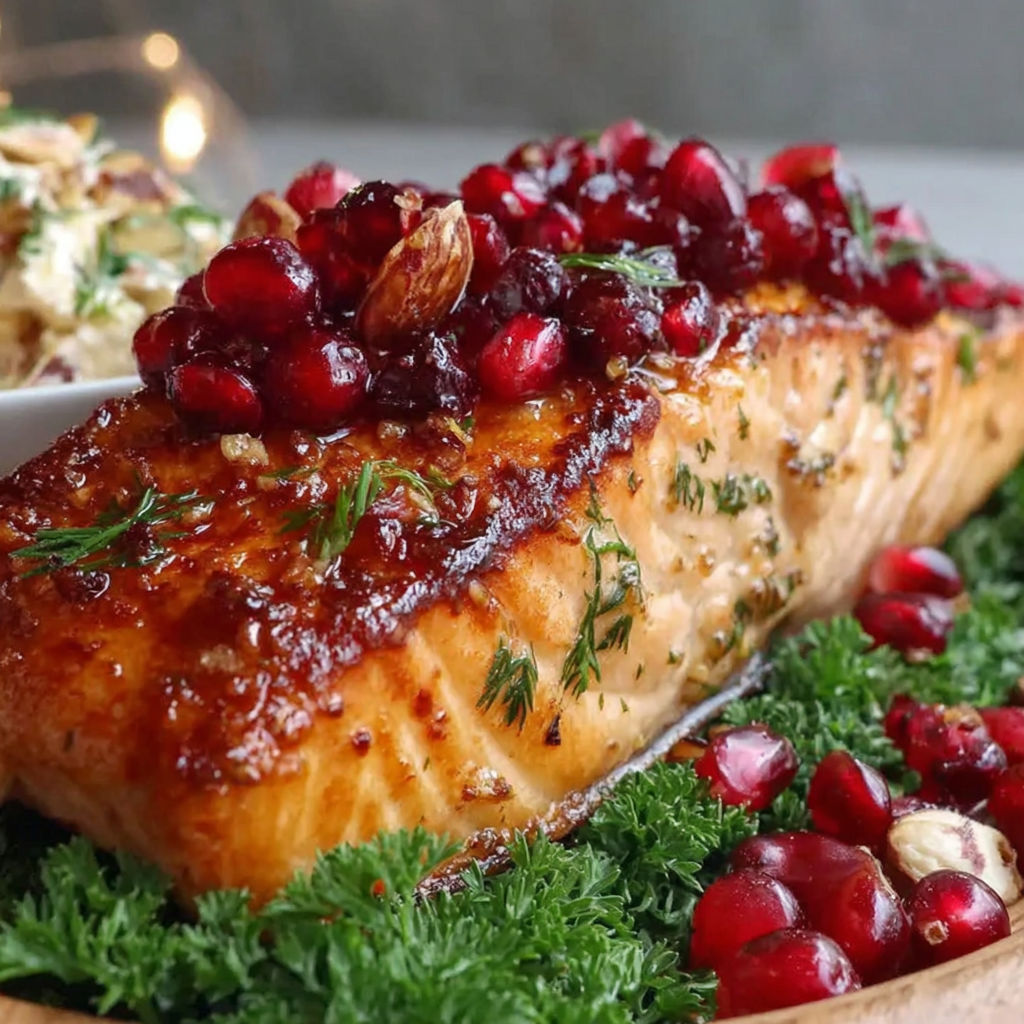 A salmon dish with a sauce and garnish.