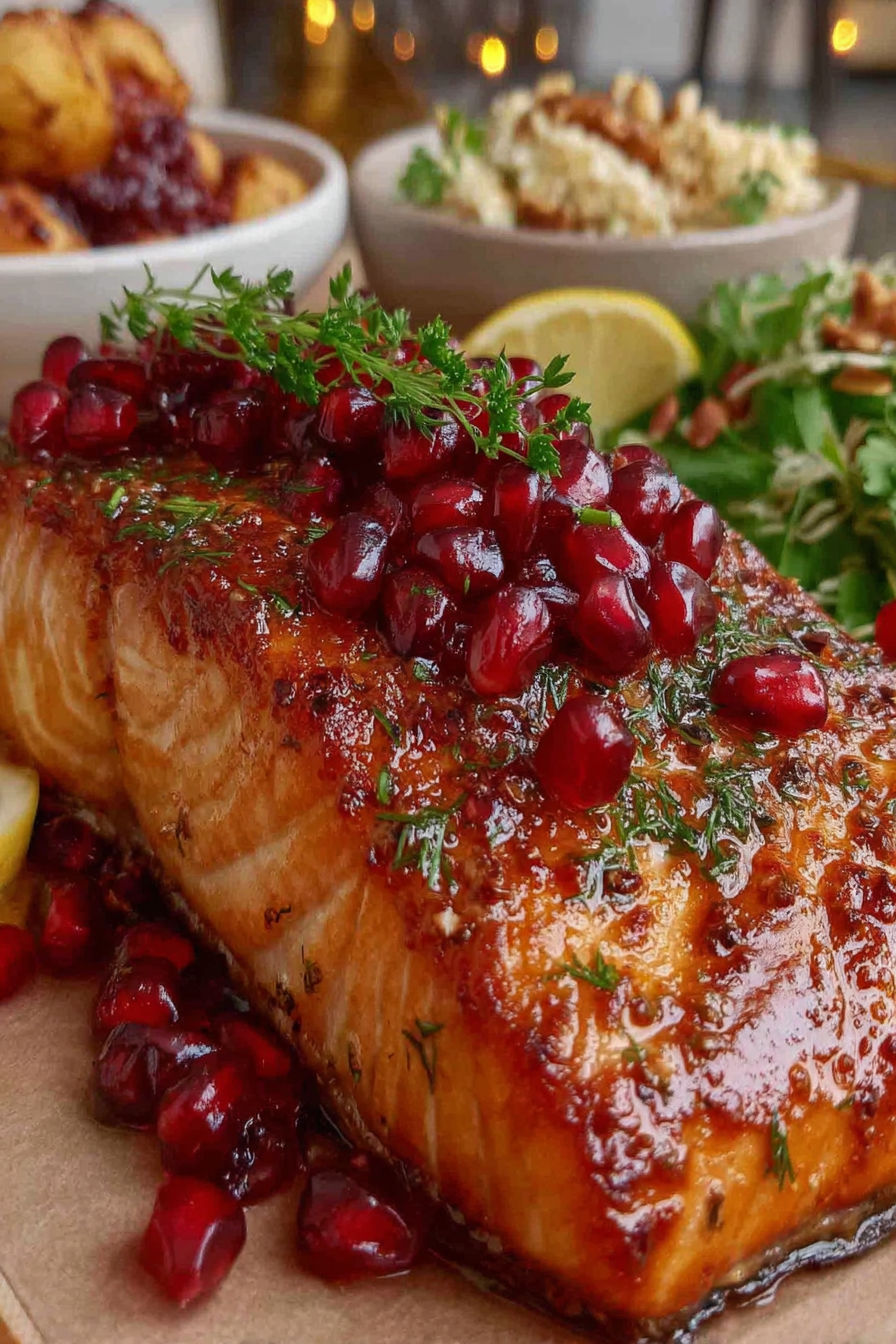 A piece of salmon with a crown of red pomegranate seeds on top.