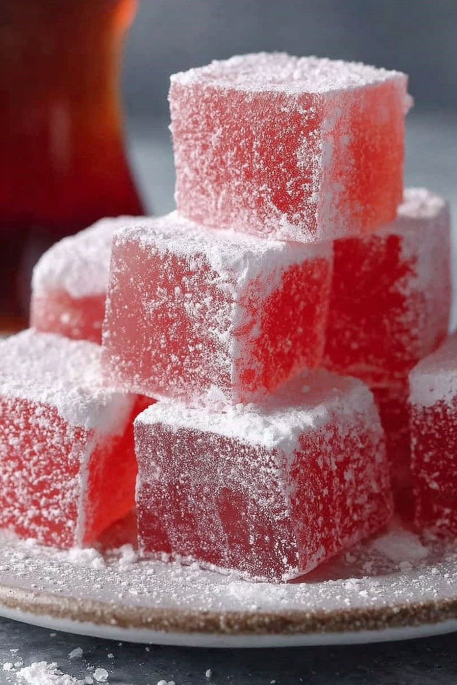 A stack of pink and white Turkish Delight.
