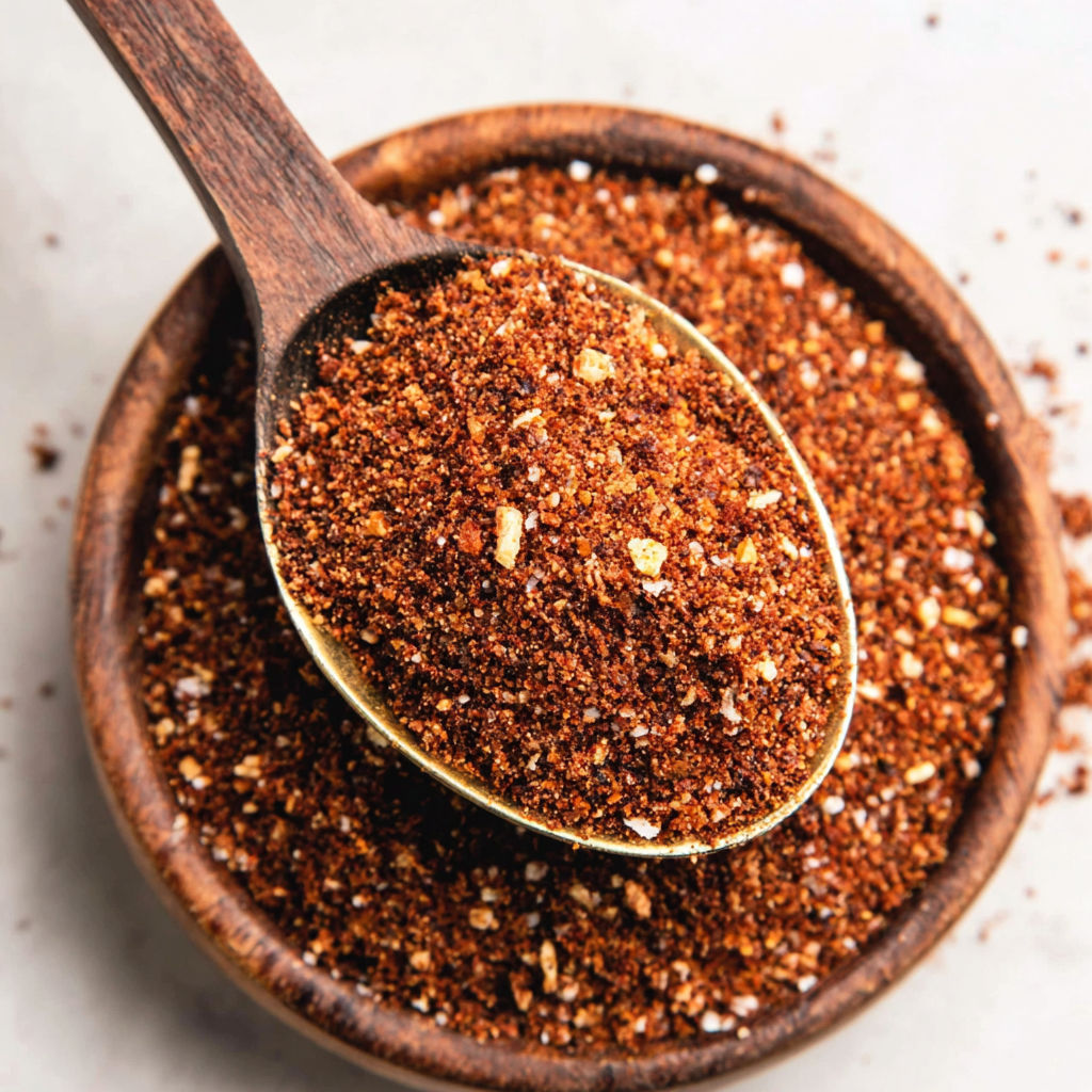 A wooden spoon in a bowl of seasoning.