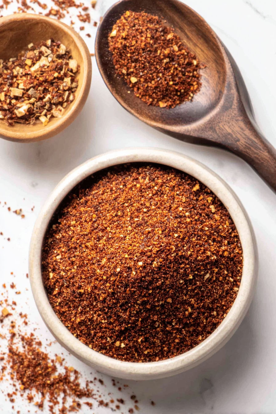 A bowl of spices and a wooden spoon.