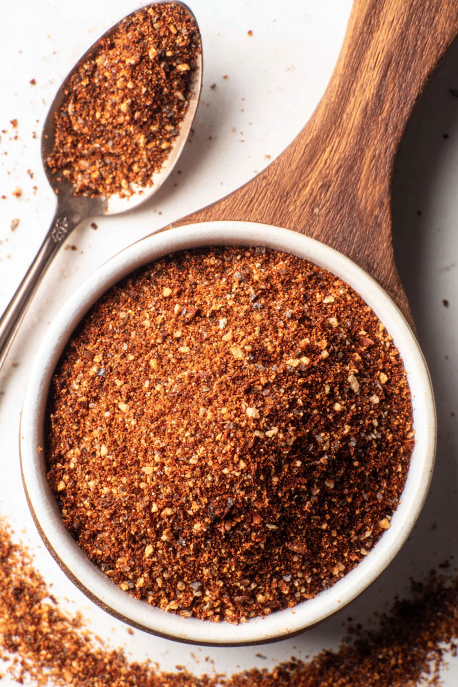 A bowl of spices and a spoon.