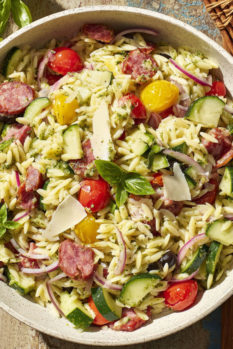 A bowl of Italian orzo salad.