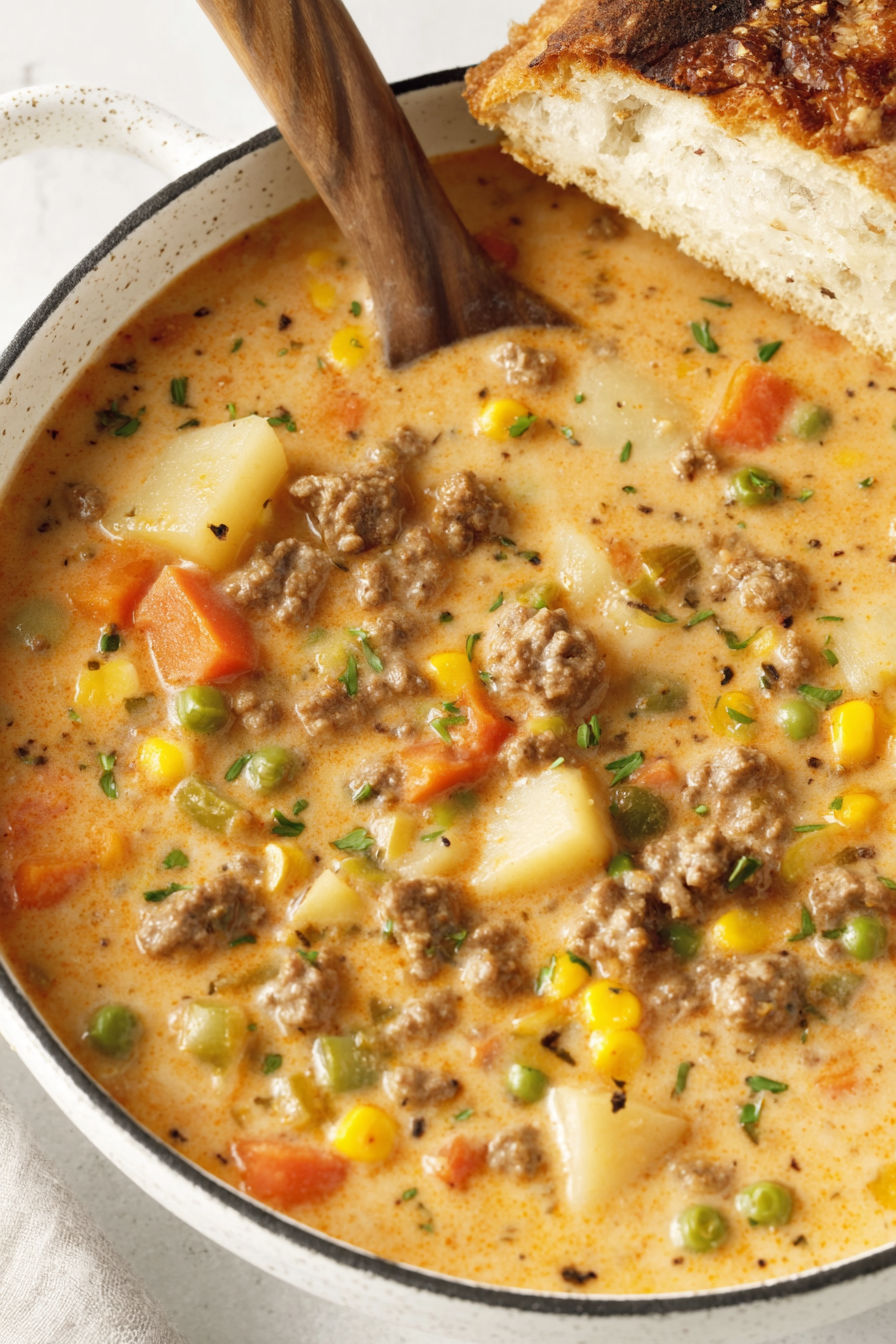 A bowl of soup with a spoon in it.