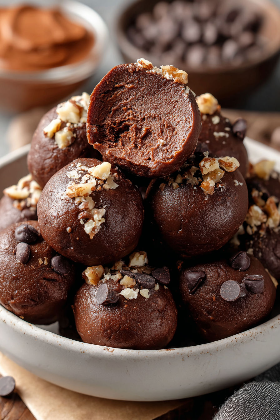 A stack of chocolate balls with nuts on top.