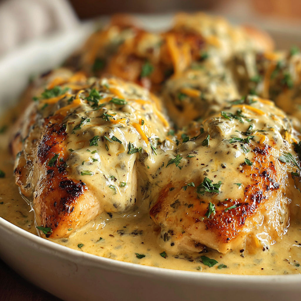 A plate of chicken covered in a creamy sauce.