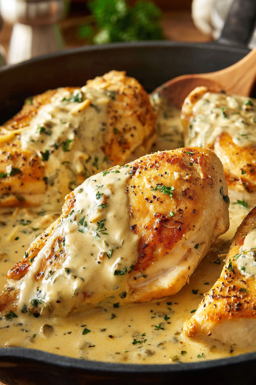 Chicken in a crock pot with a creamy sauce.
