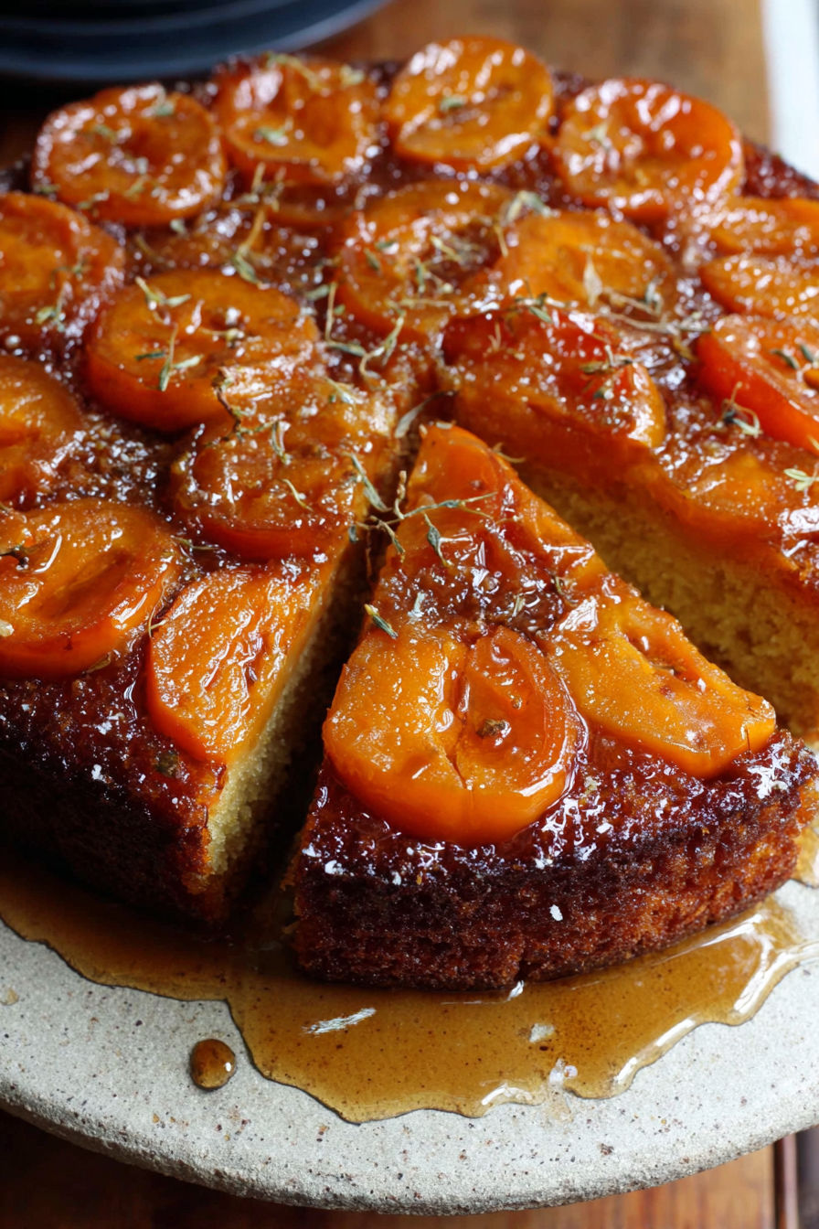 A slice of upside-down persimmon cake.