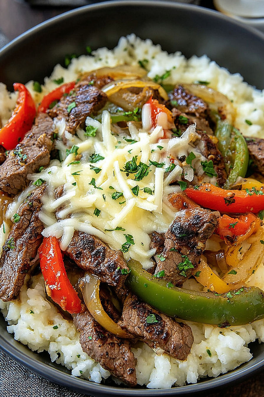 A close up of a Philly Cheesesteak Bowl.