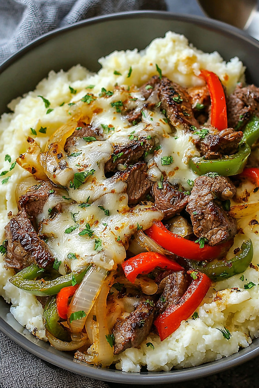A bowl of meat and vegetables, including peppers and onions, with a cheesesteak sauce.