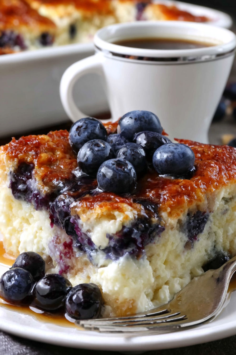 A slice of blueberry cottage cheese bake.