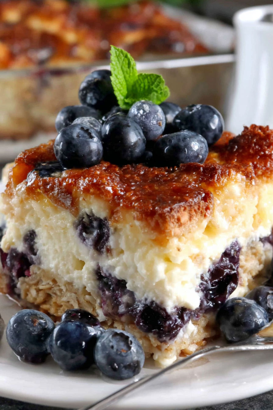 A slice of blueberry cottage cheese bake.