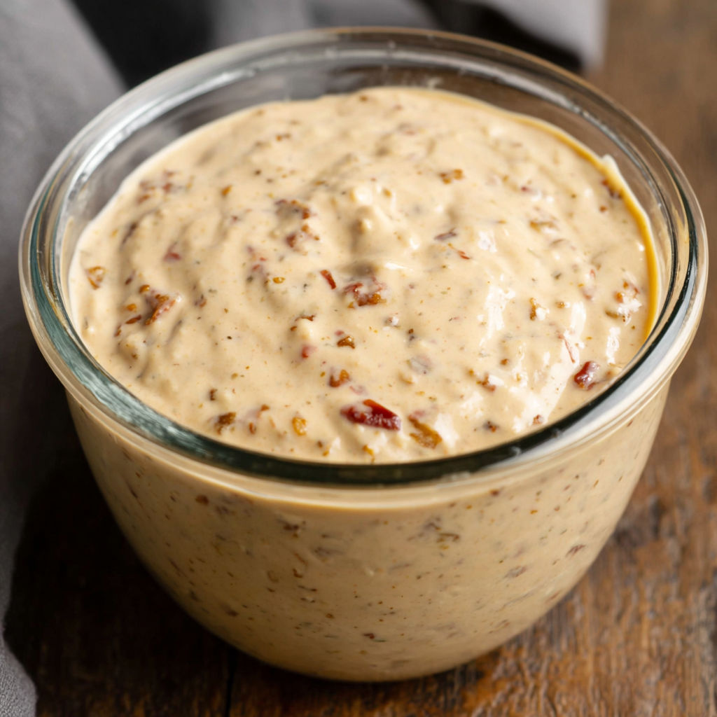 A glass bowl filled with a creamy sauce.