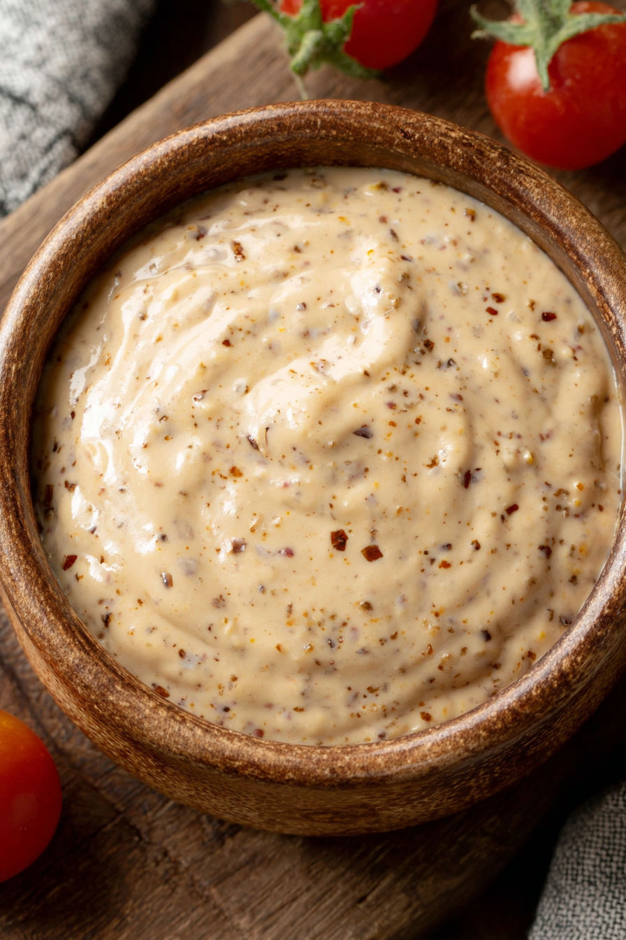 A bowl of creamy sauce with a spoon in it.