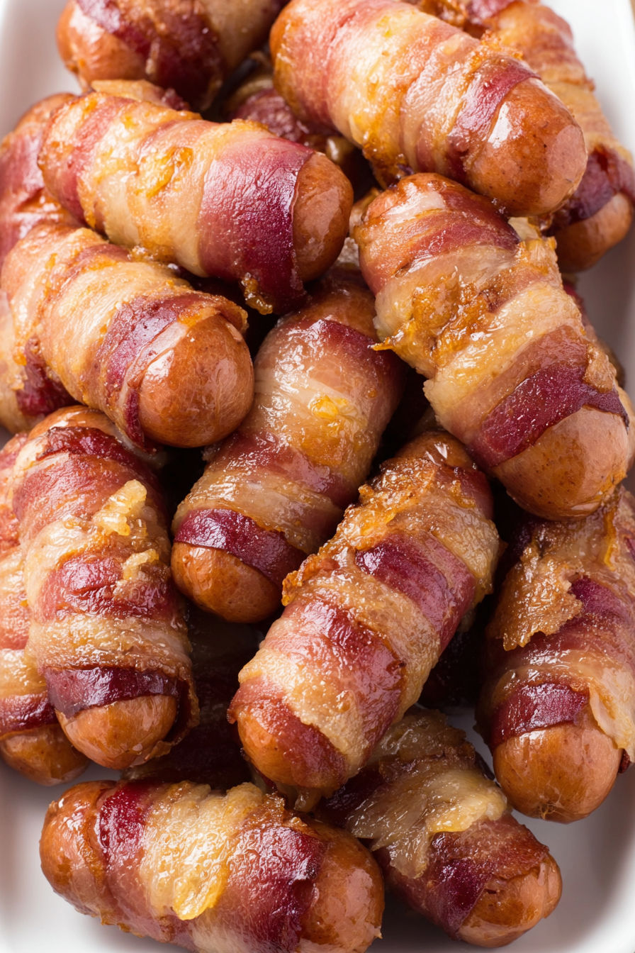 A plate of sausages wrapped in bacon.