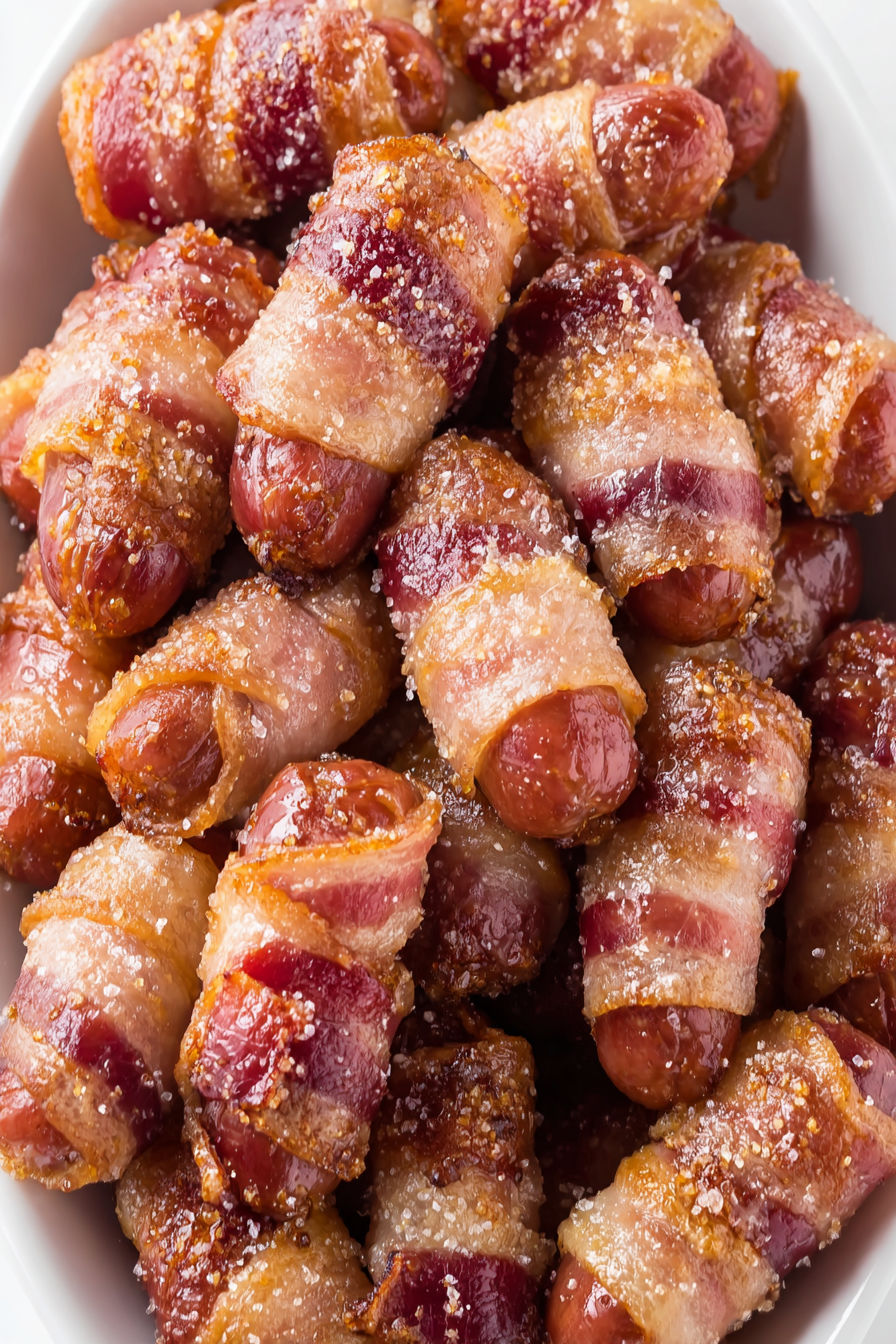 A plate of bacon wrapped hot dogs.