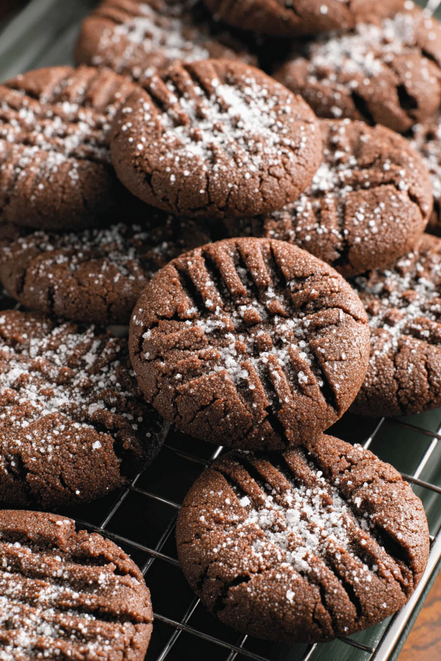 A pile of chocolate peanut butter cookies.